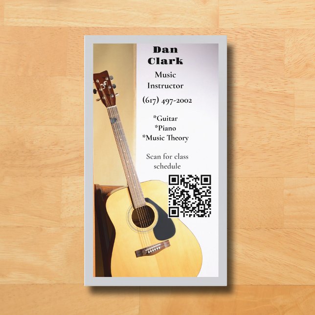 Grey QR Code Music Teacher Acoustic Guitar  Business Card (Grey Guitar  Music  Business Card for for Teacher  )