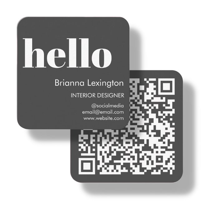 Grey | QR Code Social Media Hello Square Business Card (Creator Uploaded)
