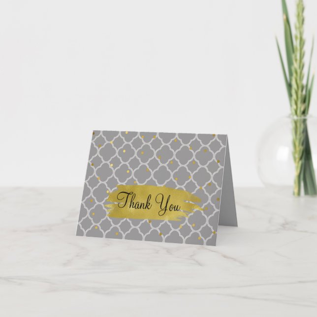 Grey Quadrefoil and Gold Dots Thank You Note Card (Front)