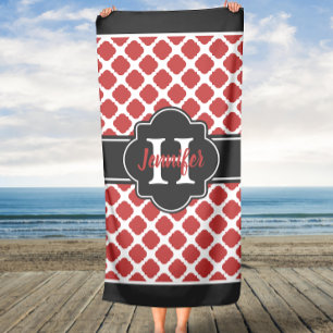 Grey Quatrefoil Indian Red Trim Custom Beach Towel