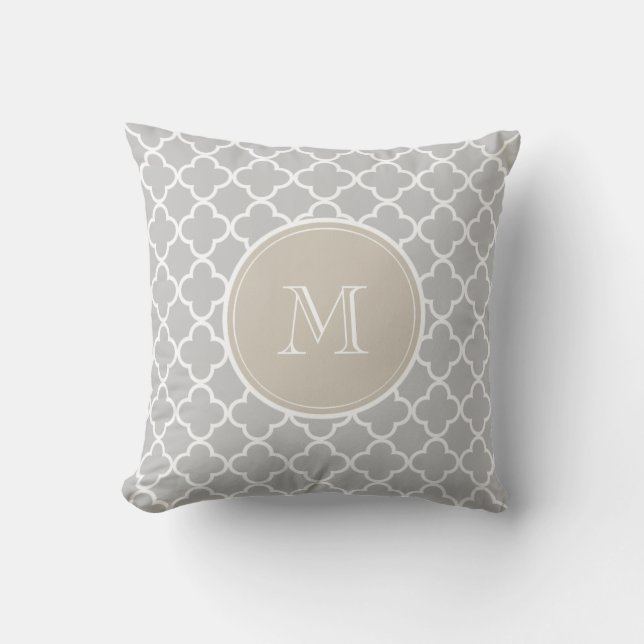 Grey Quatrefoil Pattern, Beige Monogram Cushion (Front)