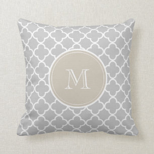 Grey Quatrefoil Pattern, Beige Monogram Cushion