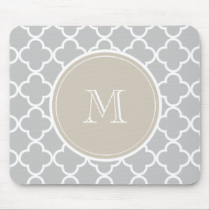 Grey Quatrefoil Pattern, Beige Monogram Mouse Mat