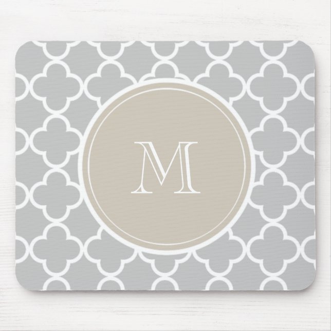 Grey Quatrefoil Pattern, Beige Monogram Mouse Mat (Front)
