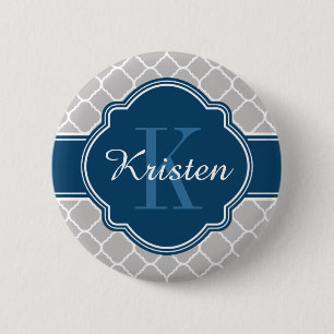 Grey Quatrefoil Pattern Blue Monogram 6 Cm Round Badge