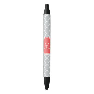 Grey Quatrefoil Pattern, Coral Monogram Black Ink Pen