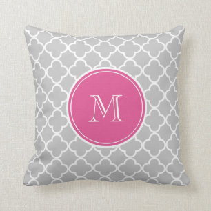 Grey Quatrefoil Pattern, Hot Pink Monogram Cushion