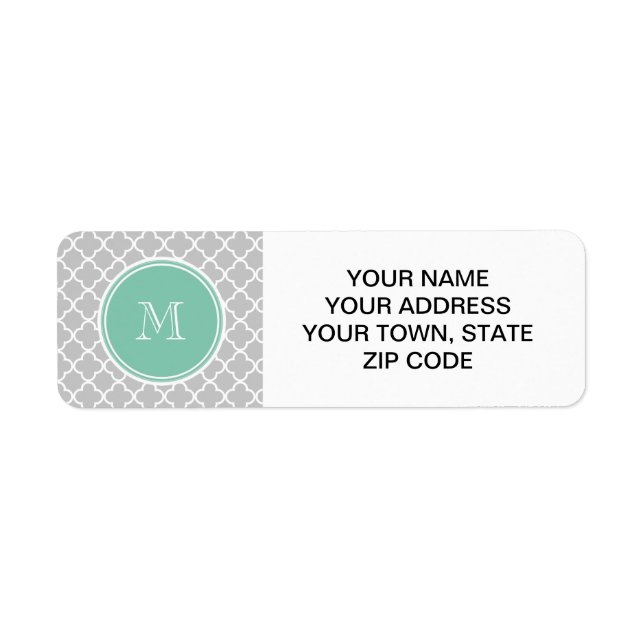 Grey Quatrefoil Pattern, Mint Green Monogram (Front)