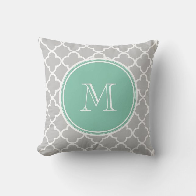 Grey Quatrefoil Pattern, Mint Green Monogram Cushion (Front)