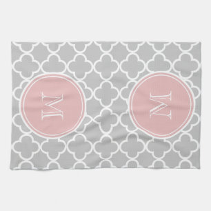 Grey Quatrefoil Pattern, Pink Monogram Tea Towel
