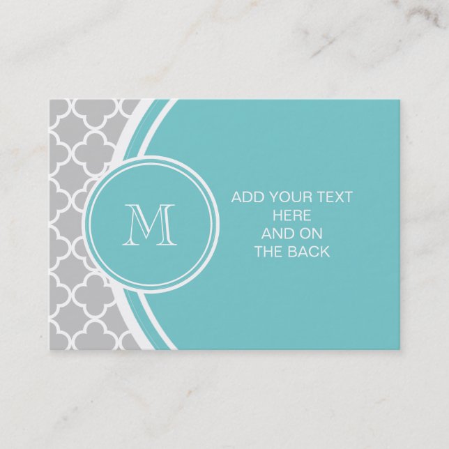 Grey Quatrefoil Pattern, Teal Monogram Business Card (Front)