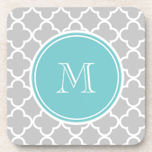 Grey Quatrefoil Pattern, Teal Monogram Coaster