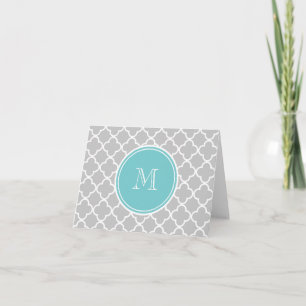 Grey Quatrefoil Pattern, Teal Monogram Note Card