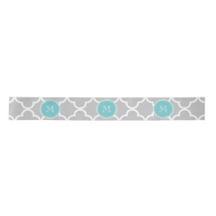 Grey Quatrefoil Pattern, Teal Monogram Satin Ribbon