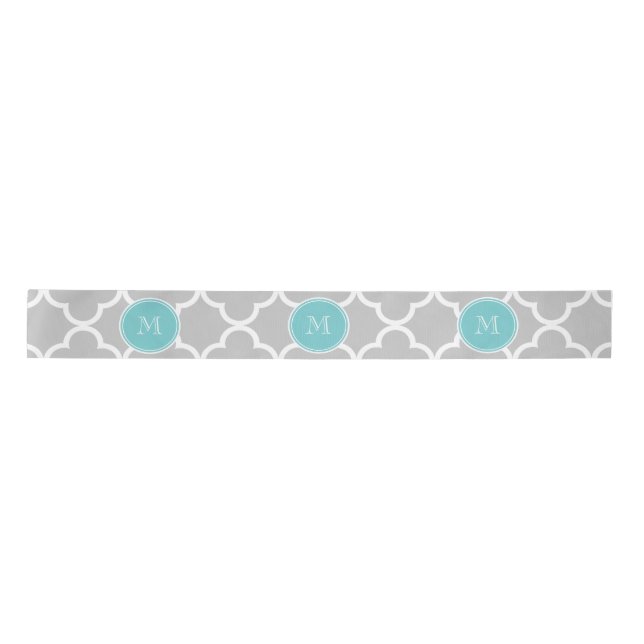 Grey Quatrefoil Pattern, Teal Monogram Satin Ribbon (Front)