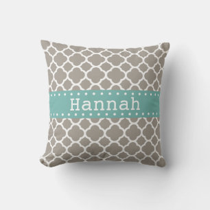 Grey Quatrefoil Pattern Turquoise Ribbon Cushion