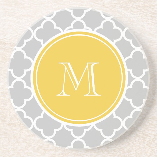 Grey Quatrefoil Pattern, Yellow Monogram Coaster (Front)