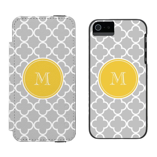 Grey Quatrefoil Pattern, Yellow Monogram Incipio iPhone Wallet Case (Side by Side)