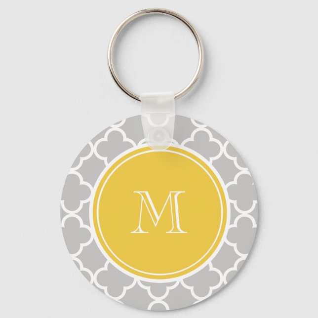 Grey Quatrefoil Pattern, Yellow Monogram Key Ring (Front)