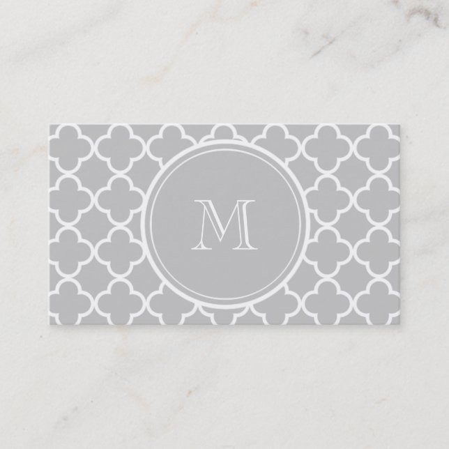 Grey Quatrefoil Pattern, Your Monogram Business Card (Front)