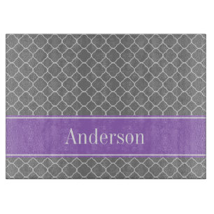 Grey Quatrefoil Purple Personalised Cutting Board