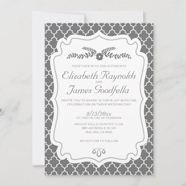 Grey Quatrefoil Wedding Invitations (Front)