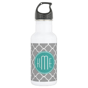 Grey Quatrefoil with Custom Mint Monogram 532 Ml Water Bottle
