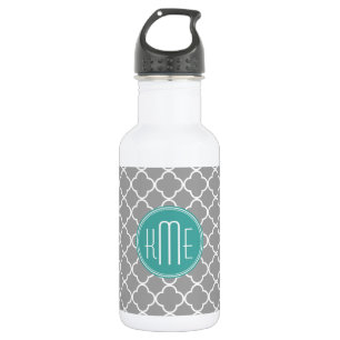 Grey Quatrefoil with Custom Mint Monogram 532 Ml Water Bottle