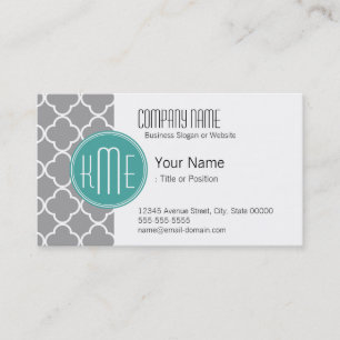 Grey Quatrefoil with Custom Mint Monogram Business Card
