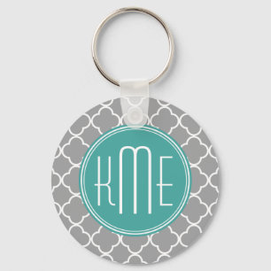 Grey Quatrefoil with Custom Mint Monogram Key Ring
