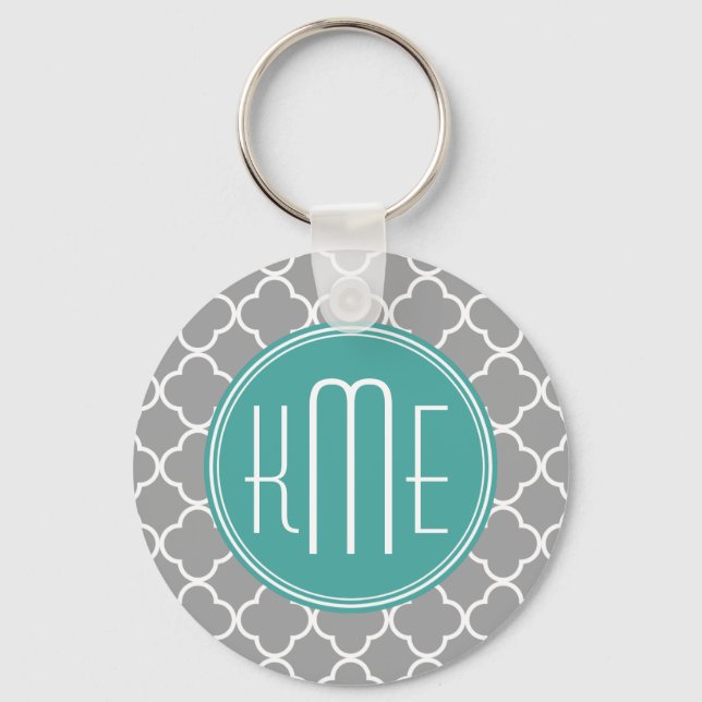 Grey Quatrefoil with Custom Mint Monogram Key Ring (Front)