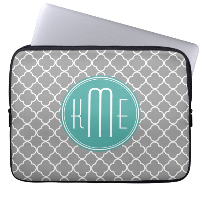 Grey Quatrefoil with Custom Mint Monogram Laptop Sleeve (Front)