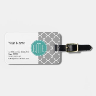 Grey Quatrefoil with Custom Mint Monogram Luggage Tag