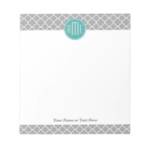 Grey Quatrefoil with Custom Mint Monogram Notepad