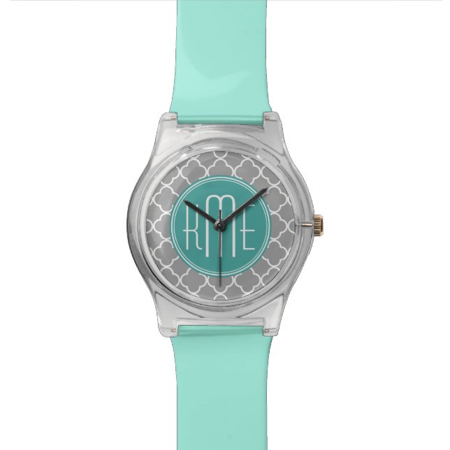 Grey Quatrefoil with Custom Mint Monogram Watch (Close Up)