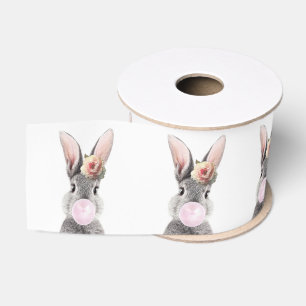 Grey rabbit blowing bubble gum with anemone flower grosgrain ribbon