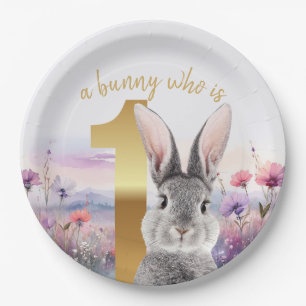 Grey Rabbit First Birthday with Wildflowers Paper Plate
