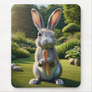 Grey Rabbit Holding a Carrot Mouse Mat