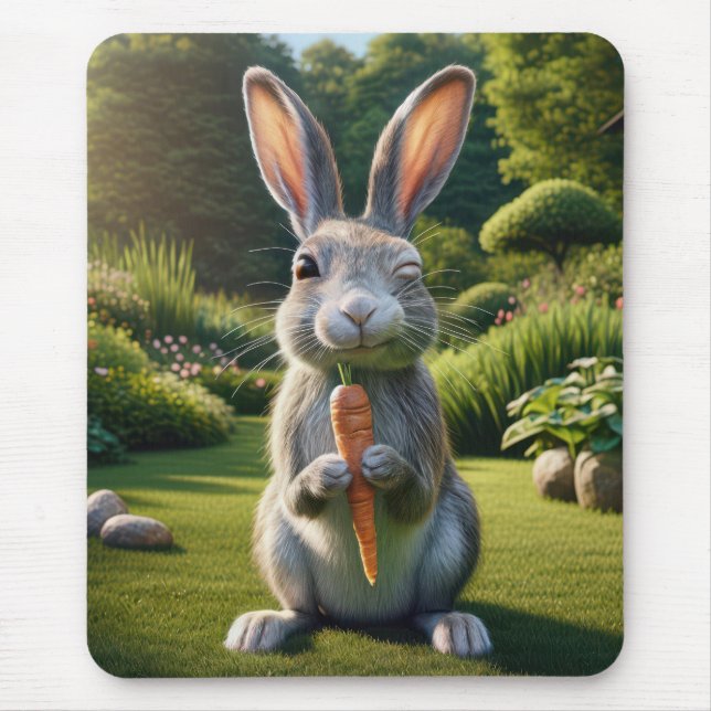 Grey Rabbit Holding a Carrot Mouse Mat (Front)