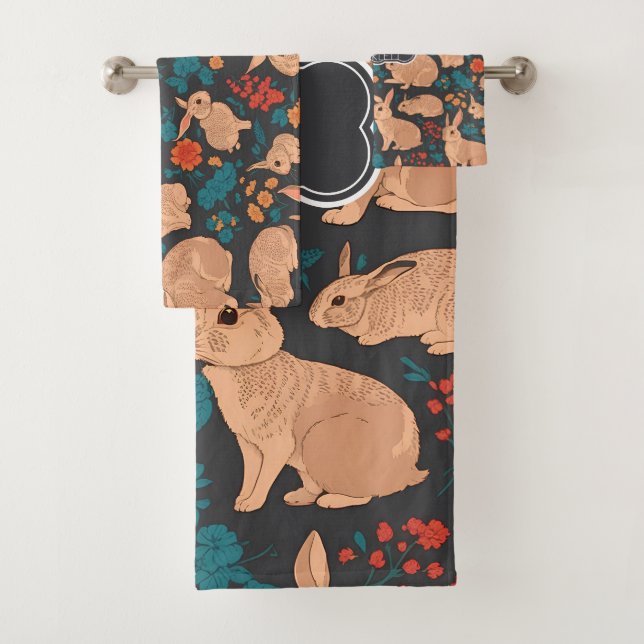 Grey Rabbit Mosaic Colourful Personalised Pattern Bath Towel Set (Insitu)