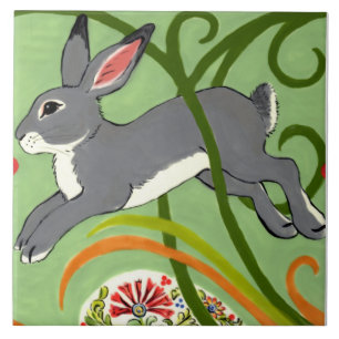 Grey Rabbit on Green Art Deco Designer Tile Trivet