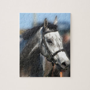 Grey Race Horse Racing Portrait , sports photo Jigsaw Puzzle