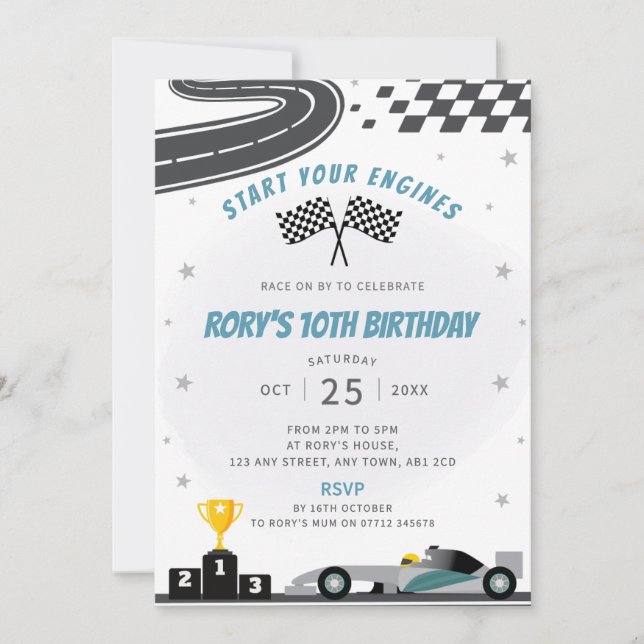 Grey Racing Car Birthday Party Invitation (Front)