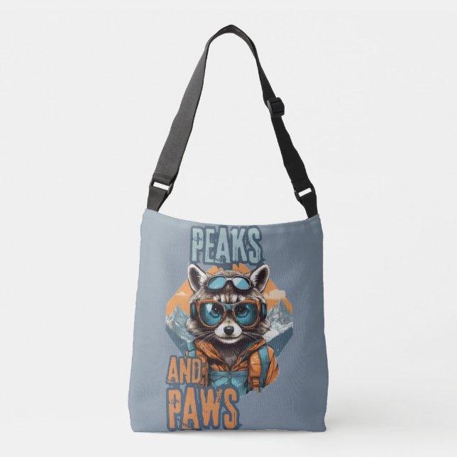Grey Racoon and Peaks Illustration Crossbody Bag (Front)