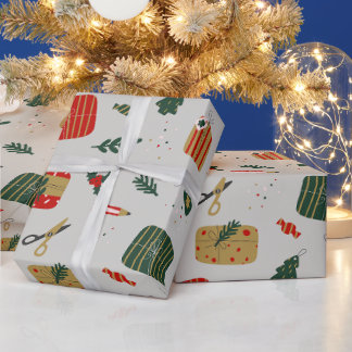 Grey Red and Gold Cute Illustrated Christmas Wrapping Paper