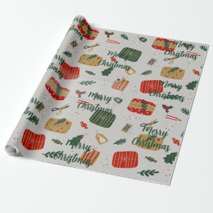 Grey Red and Golden Cute Illustrated Christmas Wrapping Paper