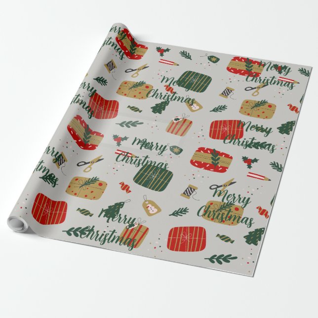Grey Red and Golden Cute Illustrated Christmas Wrapping Paper (Unrolled)