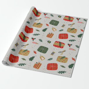 Grey Red and Golden Cute Illustrated Christmas Wrapping Paper