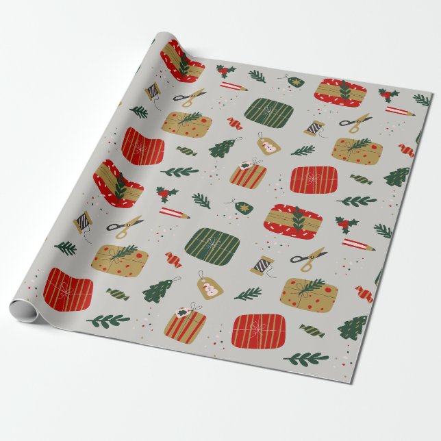 Grey red and golden illustrated christmas  wrapping paper (Unrolled)