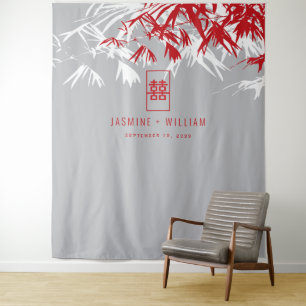 Grey & Red Bamboo Leaves Chinese Wedding Backdrop Tapestry
